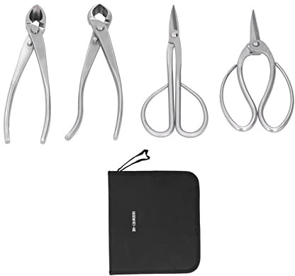 WOOXGEHM 4 teiliges Bonsai Werkzeugset, Edelstahl Knopfschere, Stammspalter, Konkavschere, Gartenwerkzeug Set, Erste Wahl für Bonsai Enthusiasten (Nylon Schutztasche)