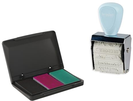 Trodat Creative Mini stämpelset skolplanerare för kreativ design – 12 avtryck, tyska, kreativa stämplar i pastellblått inkl. stämpelkuddar i rosa, svart, grön, 30 x 5 mm