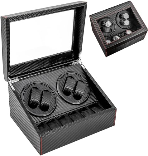 TESUGN Automatische Uhrenbeweger Box, 4+6 Drehen Uhrenbeweger Lagerung Schmuckschatulle PU-Leder Uhrengehäuse, Kohlefaser Schaukasten Box für Weihnachten/Jubiläum/Vater/Geburtstag