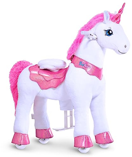 PonyCycle Ride on Unicorn Toys for Girls Pony Riding Pink Unicorn Rocking Horse No Battery Required (with Brake/ 35.4 Height/Size 4 for Age 4-7) Ride-on Animals Plush Pony Toys Birthday Gifts E412