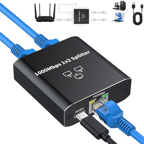 AXFEE Switch Ethernet, Gigabit Network Splitter, Divisor Ethernet RJ45, 1 a 2 de 1000 Mbps Switch RJ45 2 Puertos con Puerto de Alimentación Tipo-C para Computadora, Hub, Router, ADSL, TV Digital, etc