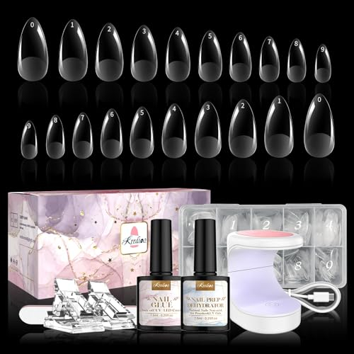 500 Tip Unghie Finte con Colla Mandorla, Kit per Ricostruzione Unghie, Dual Form Acrigel, Tips Corte Trasparenti, Gel Unghie, Acrygel, Unghie Artificiale Eleganti, Set Manicure Completo con Lampada UV