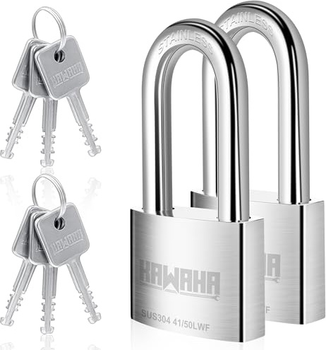 KAWAHA 41/50L-2PS Candado de acero inoxidable de alta seguridad con grillete largo de 2 pulgadas (50mm) y llave de acero inoxidable para uso tanto en interiores como en exteriores (de servicio pesado