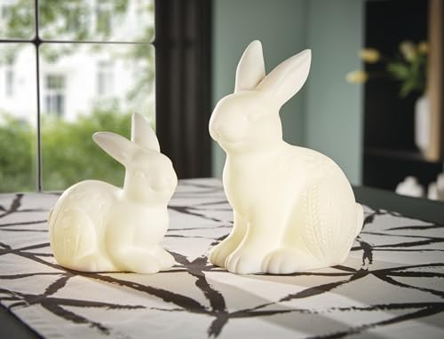 Dekoleidenschaft 2X Dekofigur Hase Blumenwiese aus Porzellan, weiß, mit LED Beleuchtung, Leuchtdeko, Osterdeko
