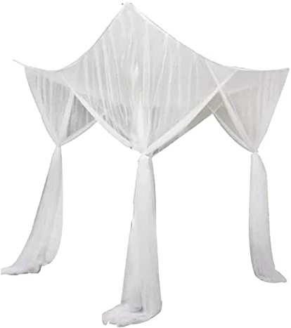 Quadratischer Betthimmel aus Polyester, Vergrößerter Raum, 4-Eck-Netz, für Einzel-, Doppelbett- und Kingsize-Betten, mit 4-Öffnungs-Design, 190 X 210 X 240 cm, weiß