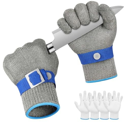 flintronic 2 Stück Schnittschutzhandschuh, Schnittschutzhandschuh aus Edelstahl mit 4 Baumwoll Handschuh, Level 9 Schnittfeste Handschuhe, Kettenhandschuh, Austernhandschuh, Küchenhandschuhe (L)