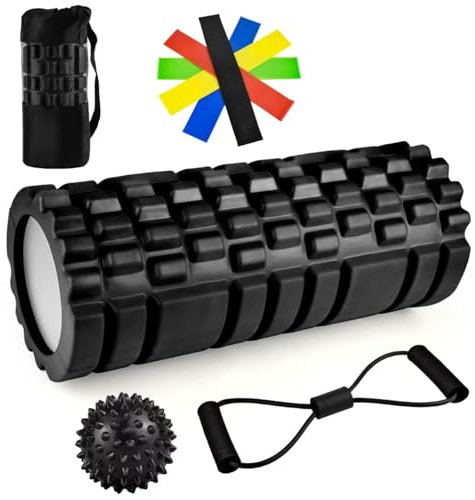 Foam Roller Pilates Kit 9 in 1 Rullo Massaggio Muscolare con Pallina Massaggio Piedi Schiena Yoga Palestra Stretching Roll Tubo Fitness Massaggiatore Cilindro Fisioterapia Schiuma Muscle 33x14cm Nero