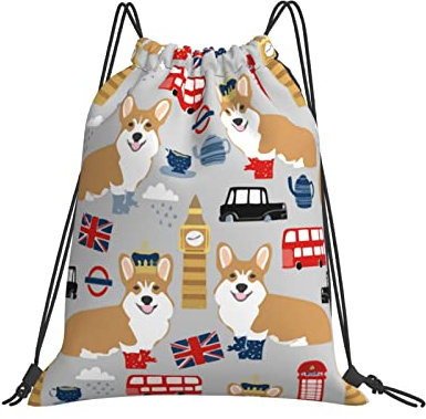 Beutel Corgis In London, Großbritannien, Big Ben, Britisch Rucksack Mit Kordelzug Multifunktionaler Gym Bag Bedruckt Turnbeutel Mit Kordelzug Für Erwachsene, Kindergarten, Kinder, 36X42Cm