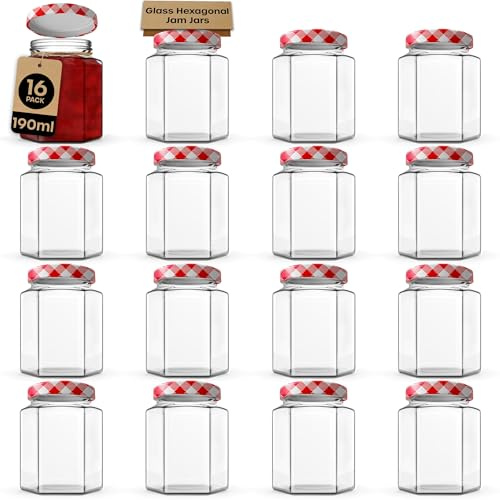 volila Jam Jars with Lids 190ml – 16 Pack Hexagonal Small Jars with Red Gingham Screw Top Lids – Airtight Glass Jars with Lids for Homemade Jam, Marmalade, and Chutney - Glass Jars with Lids