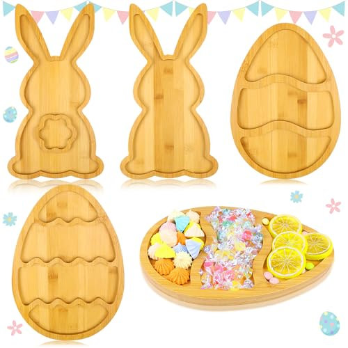 Haiabei 4Pcs Easter Wooden Serving Tray Bunny Charcuterie Boards Egg Wooden Serving Platter Rustic Decorative Rabbit Salad Plates Wood Tray for Snacks Cookies Camping Parties Holidays Decoration