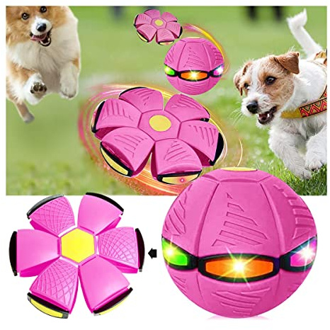 Juguete para mascotas, bola de platillo volador, juguete para perros, deformación de descompresión, bola de ventilación para perros, gatos adultos (rojo rosa, 3 luces)