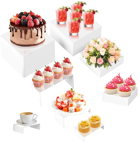 8 alzate per buffet, grandi, in acrilico bianco, per esposizione di alimenti, alzate per alimenti, cubi, dessert, con fondo cavo, per catering, dessert, gioielli, figure spettacolo