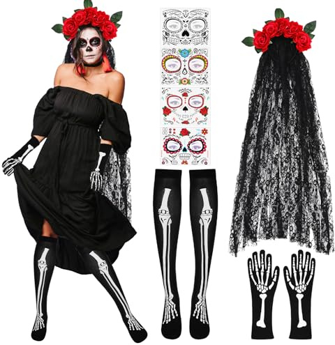 Lot de 9 serre-têtes et voile pour Halloween Jour des morts, bandeau mexicain avec tatouages du visage, bas au genou, accessoires de costume pour femme pour carnaval, cosplay