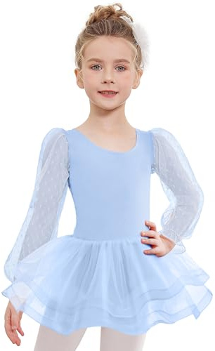 Arshiner Balettkläder, flicka, puff, långärmad barnbalettklänning, balettdräkt, dansklänning, tutu, balett, dansbody med 4-lagers tyll, 2–8 år, Ljusblå, 130