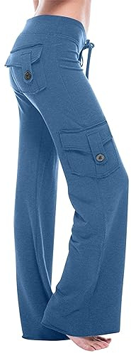 Pantaloni cargo da donna UK Warehouse Liquidazione Elastico in vita svasato con tasche Palestra Corsa Yoga Outdoor Escursioni Camminate Casual Lavoro Tinta unita Combattimento Activewear, #10 Blu, M