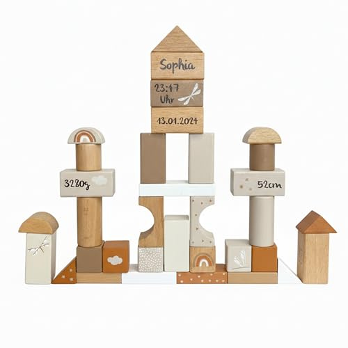 Mainely Personalisierbare Holz-Bausteine 50-teilig (Nougat) – fördert Feinmotorik & Kreativität – für Kinder ab 2 Jahren – personalisiert mit Namen & Geburtsdaten – Label Label