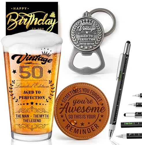 Joybble 50th Birthday Gifts for Men, 50th Birthday Gifts for Men with Greeting Cards, 50 Years Old Beer Glass in Vintage Box, Christmas Personalised Presents Beer Glasses Set, Christmas Presents Sets