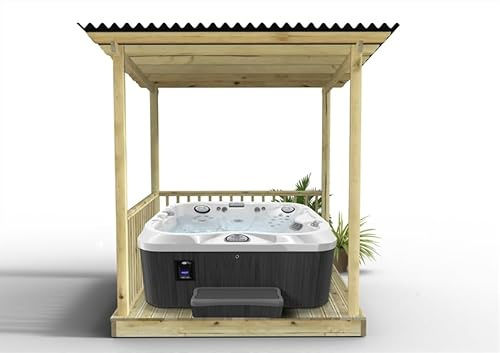 eDecks Hot Tub Decking Kit with Bitumen Roof - Pressure Treated Redwood Boards, Joists & Pergola - 2.4m x 2.4m With Handrails