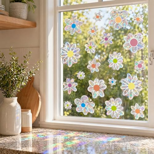 Maslasee 22 Bunte Fenstersticker | Fensterbilder Selbstklebend Blumen | Prismatisches Vinyl, Fensterfolie Bunt mit Vogelschutz, Regenbogenreflexion, Sonnenfänger für Glasfenster