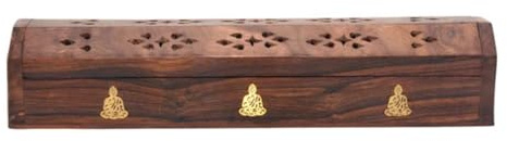 Sattva Ayurveda Caja de incienso de madera de Sheesham con diseño de Buda, soporte para incienso y caja de almacenamiento para incienso y conos de incienso, menos cenizas para yoga y meditación