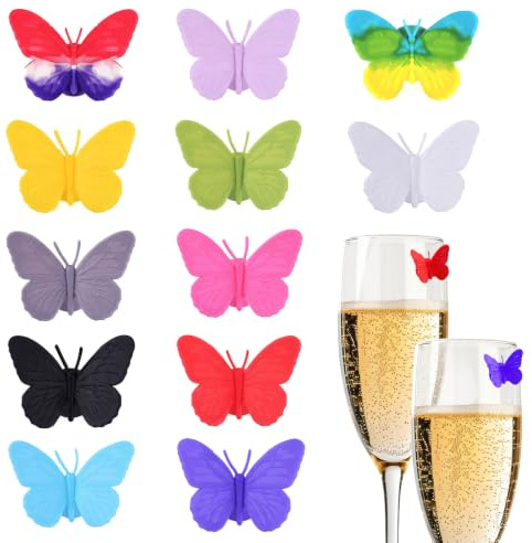 12 Stück Schmetterling Glasmarkierer Silikon, Bunte Glasmarker für Weinglas, Wiederverwendbare Getränke Markierer & Namensschilder für Gläser, Gläser Markieren Party Zubehör (Mehrfarbig)