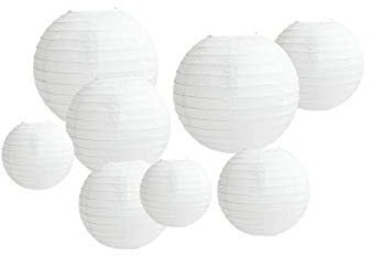 8 PCS Paper Lanterns, Round White Paper Lantern with Wire Ribbing, Different Sized White Lampshades, 6 8 10 12 Paper Lampshades for Weddings, Parties, Celebrations, Patios and Rooms