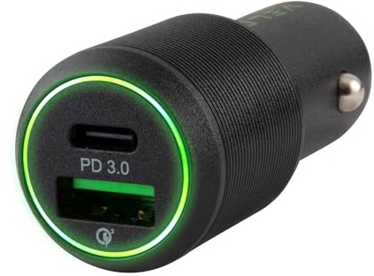 VELD Super-Fast 48W Dual USB Car Charger with LED Light Ring – 30W USB-C PD & QC 3.0 Ports – Fast Charging for Laptops, iPhone, Samsung, iPad & More – Intelligent Power Distribution
