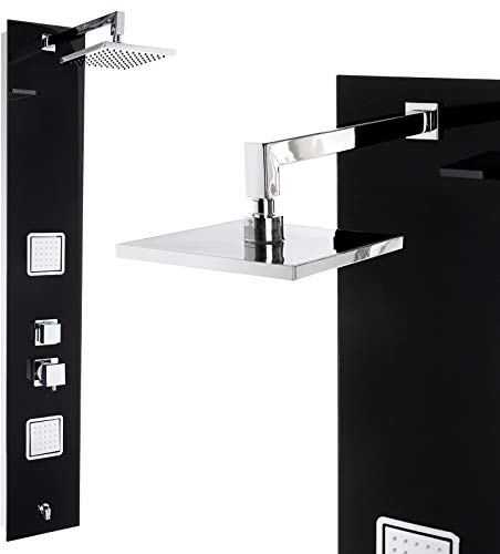 Premium Duschpaneel 150cm Schwarzes Glas Multi-Funktionen Regendusche mit oder ohne Thermostat Duschsystem, : mit Thermostat