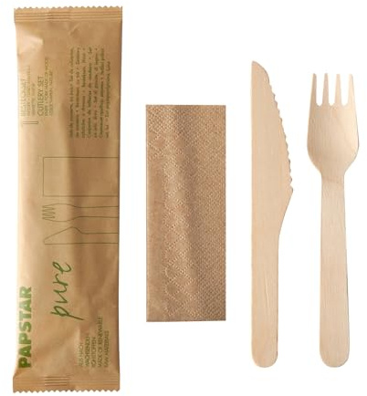 PAPSTAR Ménagère bois Pure 500 pièces : couteau, fourchette, serviette dans un sac en papier