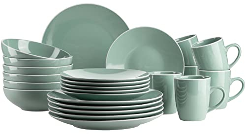 MÄSER 931845 Serie Elissa Modernes Geschirr Set für 6 Personen in Grün mit weißem Rand, 24-teiliges Kombiservice, Steinzeug