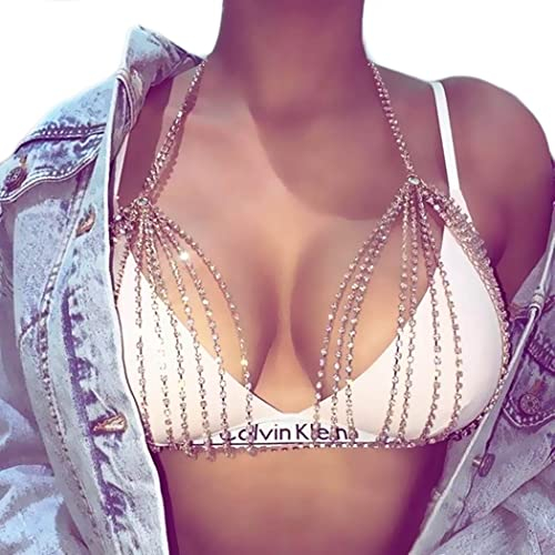 IYOU Boho Kristall Körperkette Silber Funkelnd Strass Brustketten Nachtclub Bikini BH Kette Sommer Strand Körperzubehör Schmuck zum Frauen und Mädchen