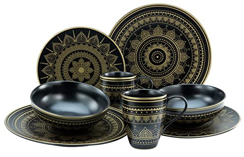 CreaTable, 23587, Serie MANDALA GOLD - Schwarz, 8-teiliges Geschirrset, Kombiservice aus Steinzeug, spülmaschinen- und mikrowellengeeignet, Qualitätsproduktion