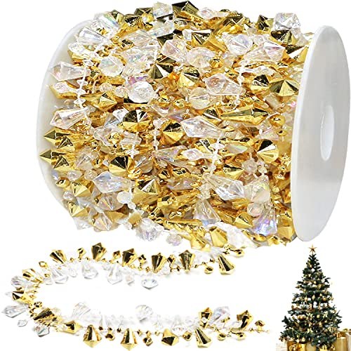 Jishi 4,8 m Weihnachtsgirlande Weihnachtsbaum Gold Perlen Dekoration klar schillernd & Gold Perlen Girlande Twist Perlenschnur für Weihnachtsbaumschmuck, rustikale Kristallgirlande Ornamente für