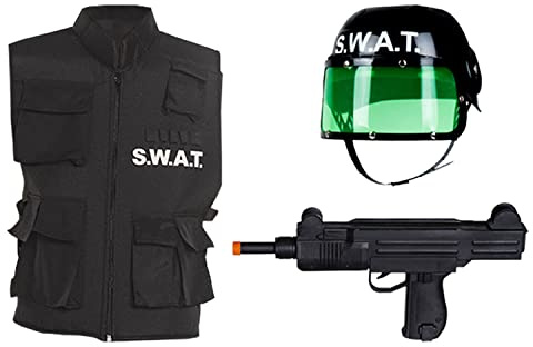 Boland – SWAT-set för barn, svart-vit, gevär-attrappe, väst och hjälm med visir, vapen, jacka, huvudbonad, kostym, karneval, temafest