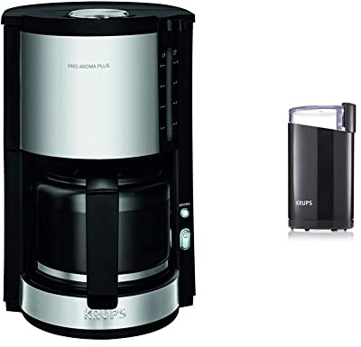 Krups KM3210 Proaroma Plus Filterkaffeemaschine | 10 Tassen | 1100 Watt | Schwarz mit Edelstahlapplikationen & F20342 Kaffeemühle und Gewürzmühle in Einem 75g Füllmenge Schwarz