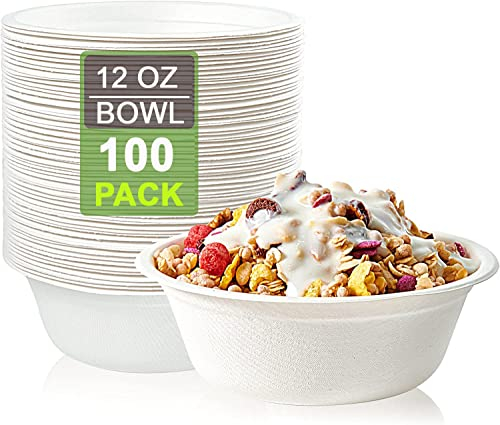 Best House 100 Pack 12 oz (340ml) Bagasse Bowls Biodegradable and Compostable Eco-Friendly White Sugarcane Bowls Perfect for Milk Cereals Snacks Salads Picnics BBQ Parties
