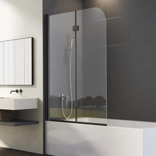 Goezes Duschwand für Badewanne 2-teilig 100x140cm Schwarz Faltbar Badewannenaufsatz, Doppelfaltflügeltür Duschtrennwand aus 6mm Nano Glas, Trennwand Badewannenwand Sicherheitsglas Dusche