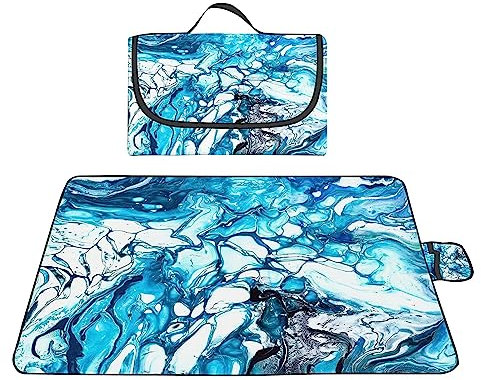 TengYuer Picknickdecke 180x200cm Stranddecke Wasserdicht Sandfrei Isoliert Faltbar Strandmatte mit Tragegriff Outdoor Campingdecke XXL für Camping Parks Strände Picknick Blau Weiß