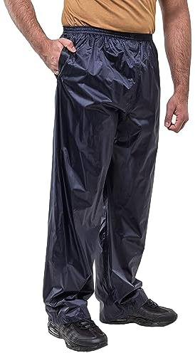 KNWER CLOTHING Men’s Waterproof Trousers, Breathable Windproof Rain Over Pants Elasticated Waist with Two Pockets, Lightweight Outdoor Rain Overtrousers for Hiking, Fishing & Cycling (Navy – 5XL)