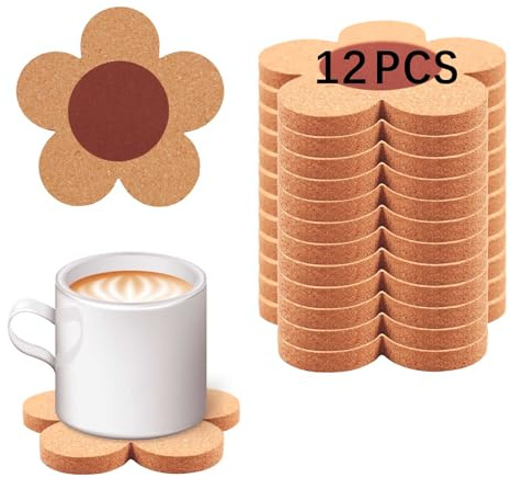 12 PCS Flower Cork Coaster for Drinks, Absorbent and Reusable Non-Slip Heat Resistant Coffee Coasters, 100% Natural Cork 4 inch Flower Shape Farmhouse Rustic Wood Drink Coasters