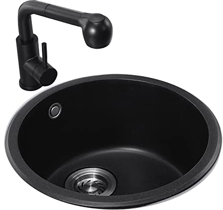 Küchenspüle-Wasserhahn, Waschbecken, rund, Quarzstein, Schwarz, Bar, Mini, Küche, Balkon, Waschbecken, Zubehör im Lieferumfang enthalten (Farbe: Schwarz, Größe: 42 cm (C))