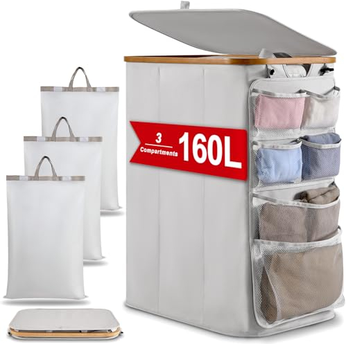 DOKRVLOQ Wäschesammler Wäschekorb 3 Fächer mit Deckel 160L Upgrade Hängeorganizer Wäschesortierer Groß Laundry Baskets Faltbarer Wäschekörbe Bambus Wäschebox für Schmutzwäsche WäSchetonne Hellgrau