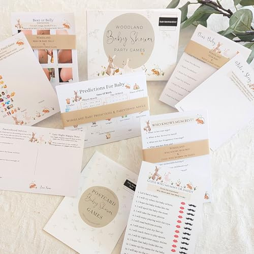 Baby Shower Games Bundle- 9 Games including Keepsake Cards boxed Neutral, Unisex 10 Player Pack (Woodlands)