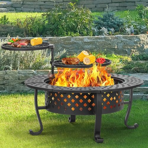 Panovue 106,7 cm große Feuerstelle mit 2 Grills, Holzfeuerstellen für den Außenbereich mit Deckel und Feuerschürhaken, Grill- und Outdoor-Feuerstelle und runder Metalltisch, 3-in-1 für Terrasse,