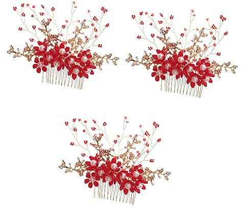 MAGICLULU 3st Haarkamm Für Frauen Kopfschmuck Kristall Brautseitenkämme Blumenhaarkämme Braut Seitenkamm Perlenkamm-clip Handgefertigter Kamm Tiara Damen Ausgabekarte Rot Strasssteine