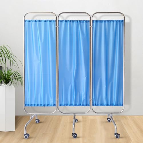 Medical Privacy Screen,Foldable Medical Room Divider on Wheels,Stainless Steel Frame,Portable Folding Privacy Screen Curtain for Hospital Clinics (Blue,3 Panel)