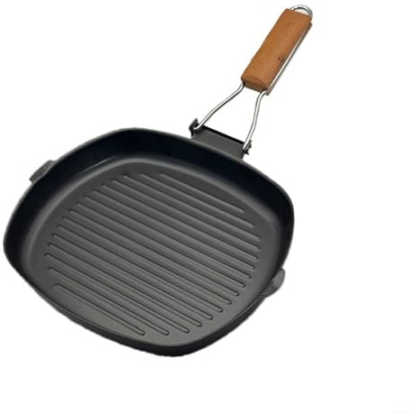 Poêle à griller - Poêle à frire pliable avec poignée en bois - Outil de cuisson portable (24 x 28 cm)
