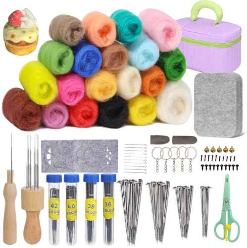 Kuppt 20 Farben Filzen Starterset, Filz-Set, Filzwolle Trockenfilzen | Filznadeln zum Trockenfilzen Set Filzen mit Wolle, Filznadeln, Filzunterlage und violetter Aufbewahrungstasche