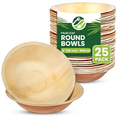 ECO Leaf 25 Disposable Palm Leaf Bowls, 8 (20cm), 650ml (22oz) Round – Compostable, Biodegradable, Eco-Friendly Bamboo Bowls for Salad, Weddings, Parties and Picnics, Microwave Safe