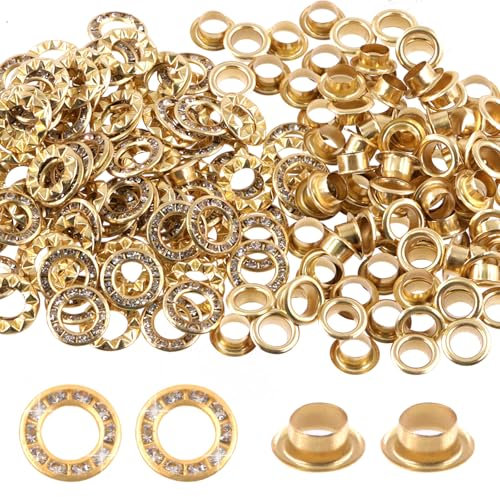 Swpeet 100 Sets Golden 1/4 Zoll (6mm) Strass Metall Messing Ösen Ösen Kit, Metall Ösen Ösen Ösen, Loch Ösen Ösen Ösen für die Reparatur von Leinwand, Leder, Gürtel